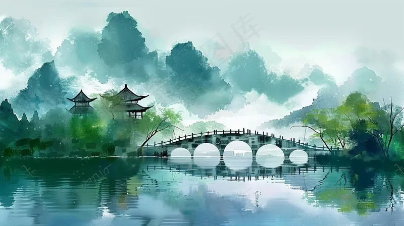 江南水乡水墨画拱桥插画背景(4368x2448)