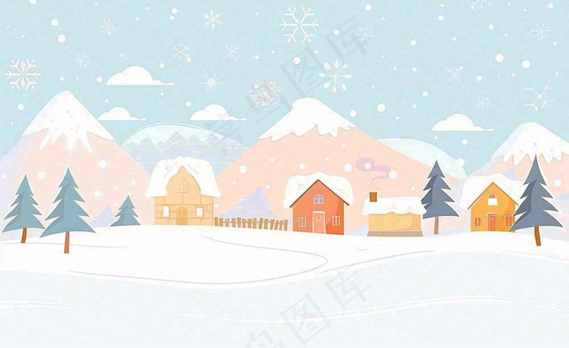 立冬冬至雪山森林山脚下的小镇白雪卡通插画背景(1408x864)