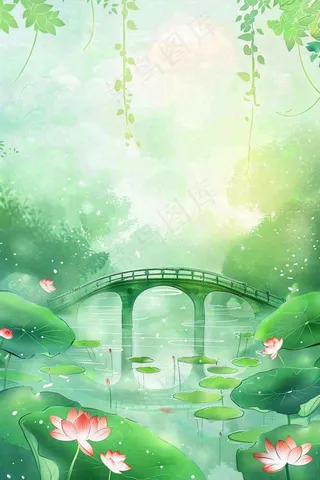 春夏绿意风景小清新荷花池塘拱桥绿荫阳光惊蛰春分立夏夏至水彩插画背景