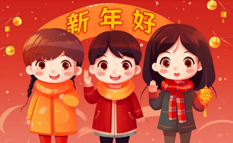 新年张灯结彩孩子们玩乐喜庆红色氛围庆祝卡通插画背景(1408x864)