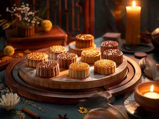 月饼中秋美食蜡烛节日氛围装饰摄影图