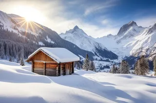 冬日雪山小木屋白雪覆盖摄影图