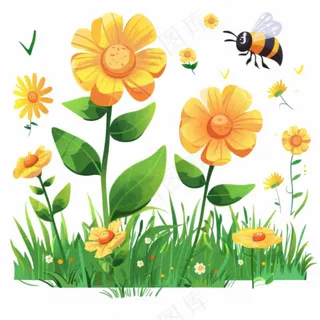 花丛里采蜜的蜜蜂花园卡通插画免抠