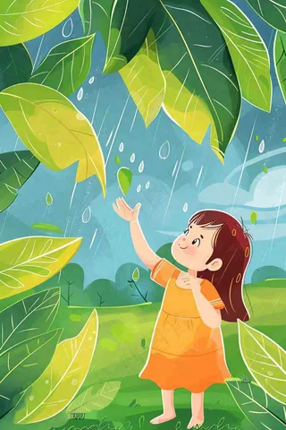 下雨天巨大绿植下的女孩躲雨玩耍雨水谷雨春天卡通插画背景