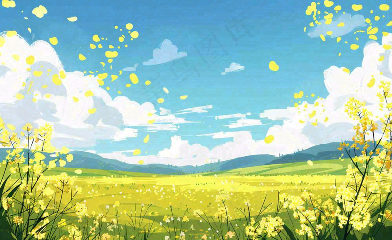 春天油菜花田蓝天白云惊蛰春分卡通插画背景