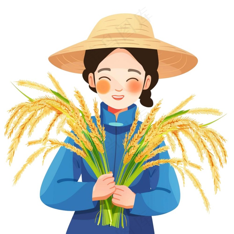 抱着稻穗麦穗的女孩农民卡通插画免抠(1024x1024)