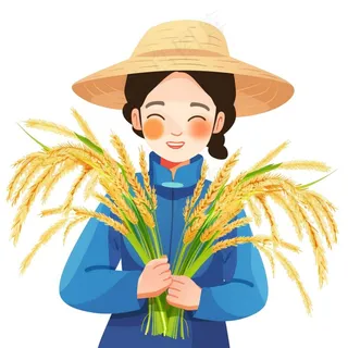 抱着稻穗麦穗的女孩农民卡通插画免抠