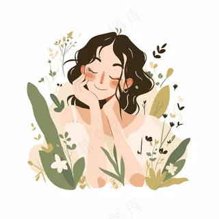 扁平风女性绿色植物插图元素