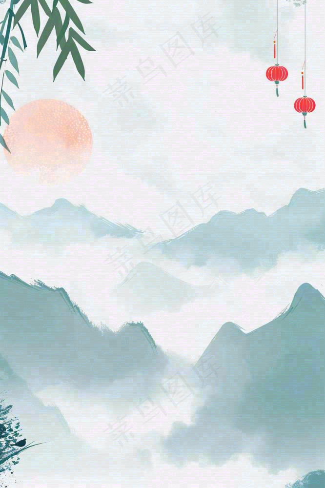 古风山水水墨画柳树柳条日出燕子惊蛰清明端午插画背景