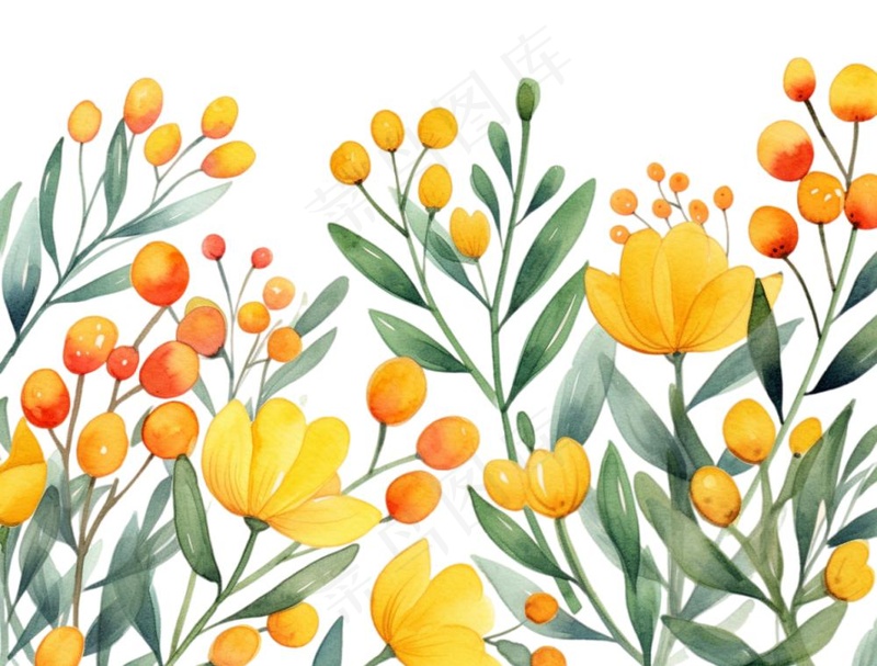 春季春天花草植物水彩鲜花花卉枝叶插画免抠