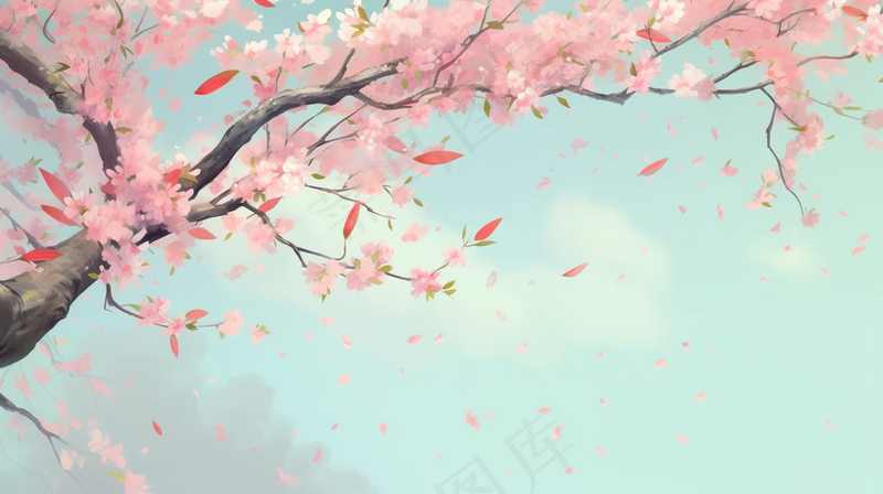 春天樱花桃花树粉色花瓣飘落卡通插画背景(4368x2448)