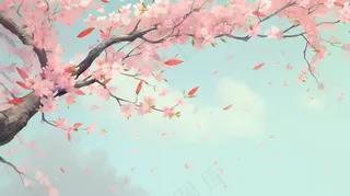 春天樱花桃花树粉色花瓣飘落卡通插画背景