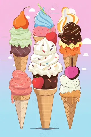 夏日冰淇淋蛋筒卡通插画背景