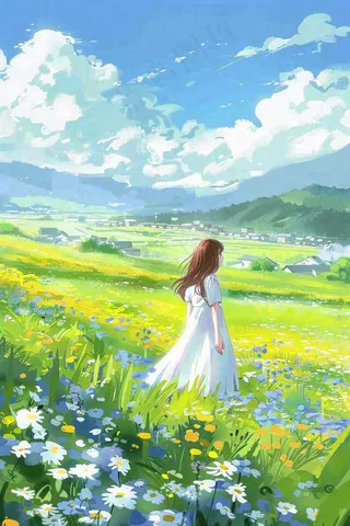 春夏花海里的少女美丽唯美小清新春分立夏夏至青春卡通插画背景