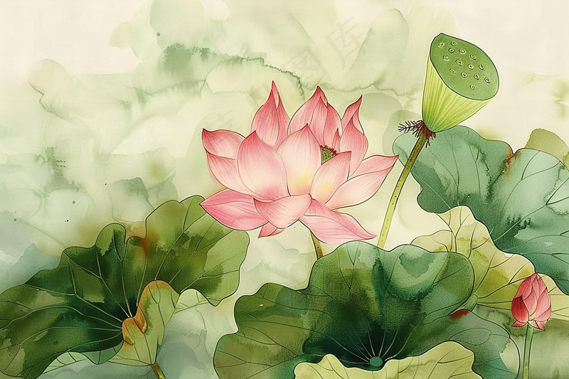荷花荷叶水墨国画插画背景(4032x2688)
