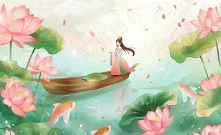 夏日清凉唯美荷花荷叶飘在水面古风少女乘小舟划船卡通人物插画处暑立夏小暑背景