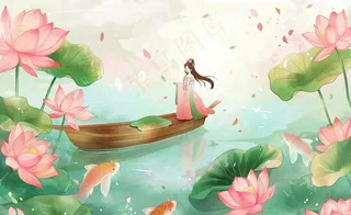 夏日清凉唯美荷花荷叶飘在水面古风少女乘小舟划船卡通人物插画处暑立夏小暑背景