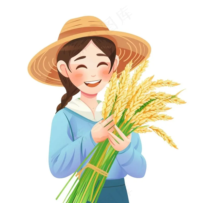 抱着稻穗麦穗的女孩农民卡通插画免抠(1024x1024)