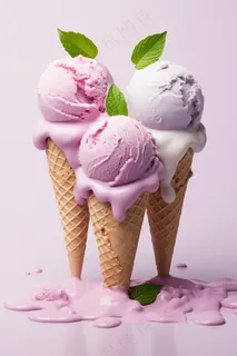 香芋冰淇淋球融化紫色背景摄影图