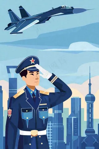 军人城市飞机蓝色建军卡通插画背景
