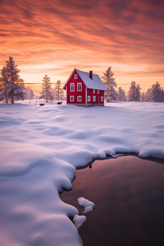 冬季晚霞日落雪景中的小屋木屋美景摄影图