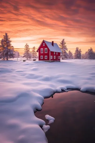 冬季晚霞日落雪景中的小屋木屋美景摄影图