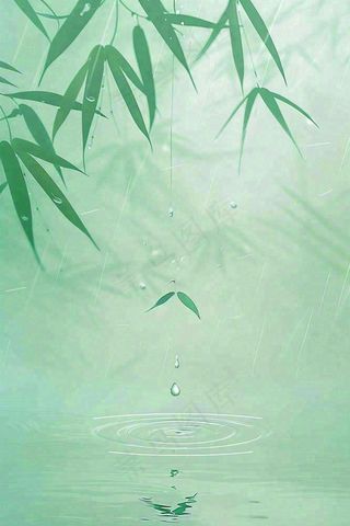 雨天雨水打在竹叶上掉落在水面上泛起涟漪雨水谷雨端午清明插画背景