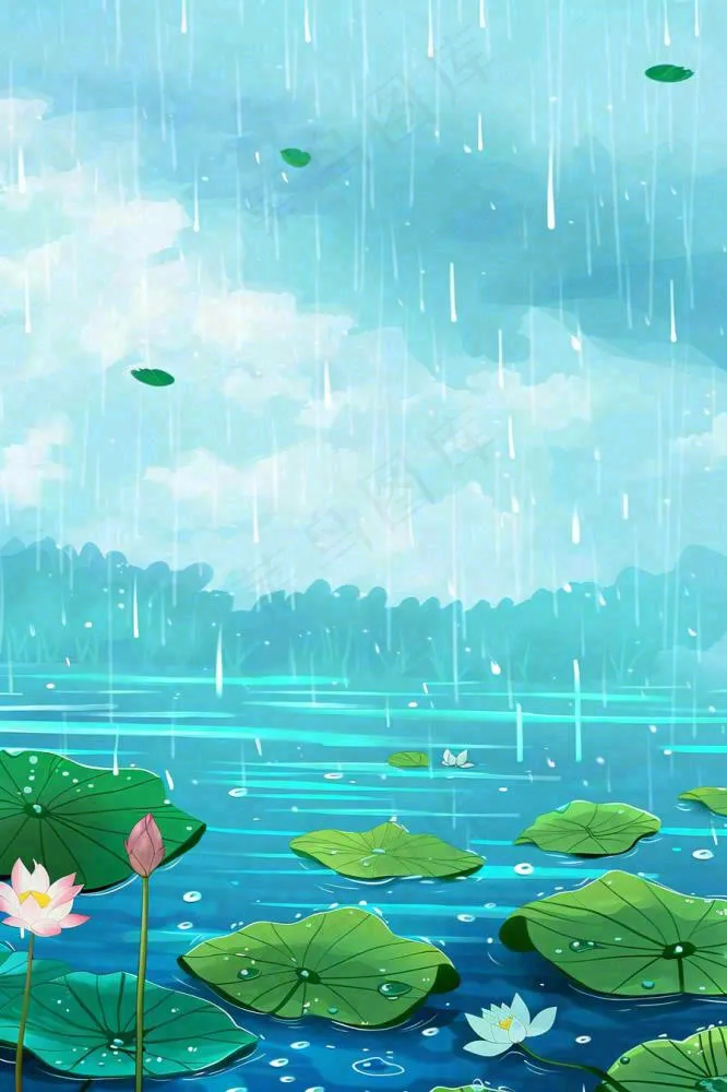 春天下雨天池塘荷花荷叶清凉雨水谷雨处暑插画背景(896x1344)