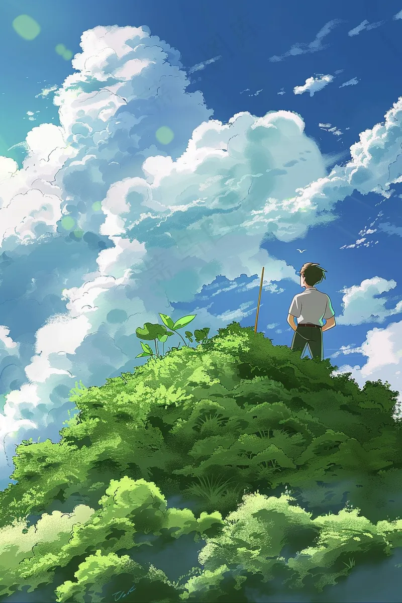 夏日天空之境男孩白云蓝天绿草地插画背景(2688x4032)