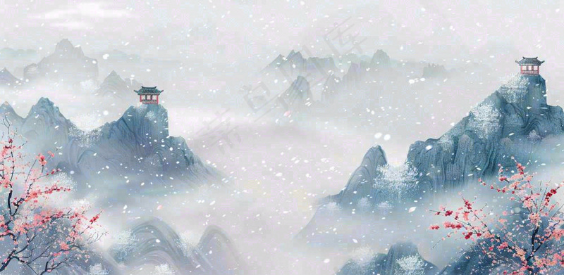 大寒冬天中国风水墨插画小寒冬季唯美雪景梅花插画背景(1568x768)