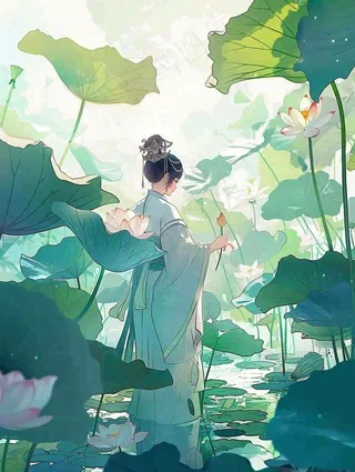 夏天插画风格古装少女在荷花池采莲花唯美夏日清凉小暑立夏夏至大暑插画背景