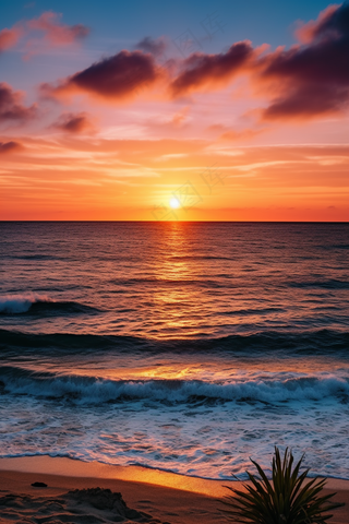 夕阳落日下海洋海面沙滩余晖倒影美景摄影图