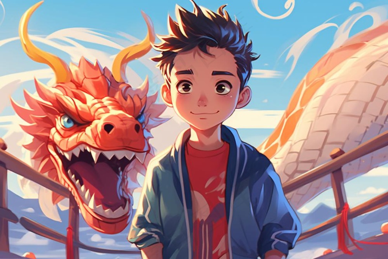 少年男孩和龙中国龙节日庆祝插画背景