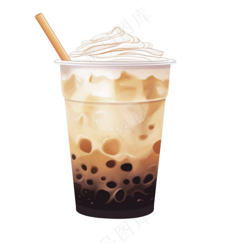 珍珠奶茶奶油焦糖饮料卡通插画免抠(1024x1072)