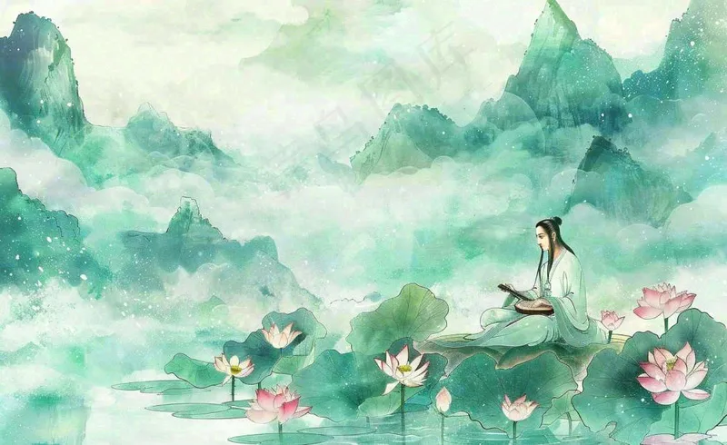 古风屈原人物山水画荷花端午时节中国风水墨插画背景(1408x864)