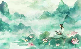 古风屈原人物山水画荷花端午时节中国风水墨插画背景