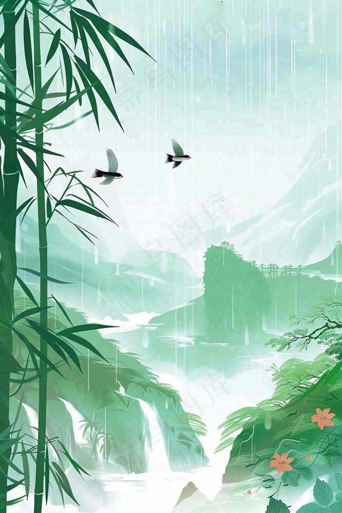 国风山水竹林磅礴山河瀑布大雁雨滴清明端午水墨插画背景