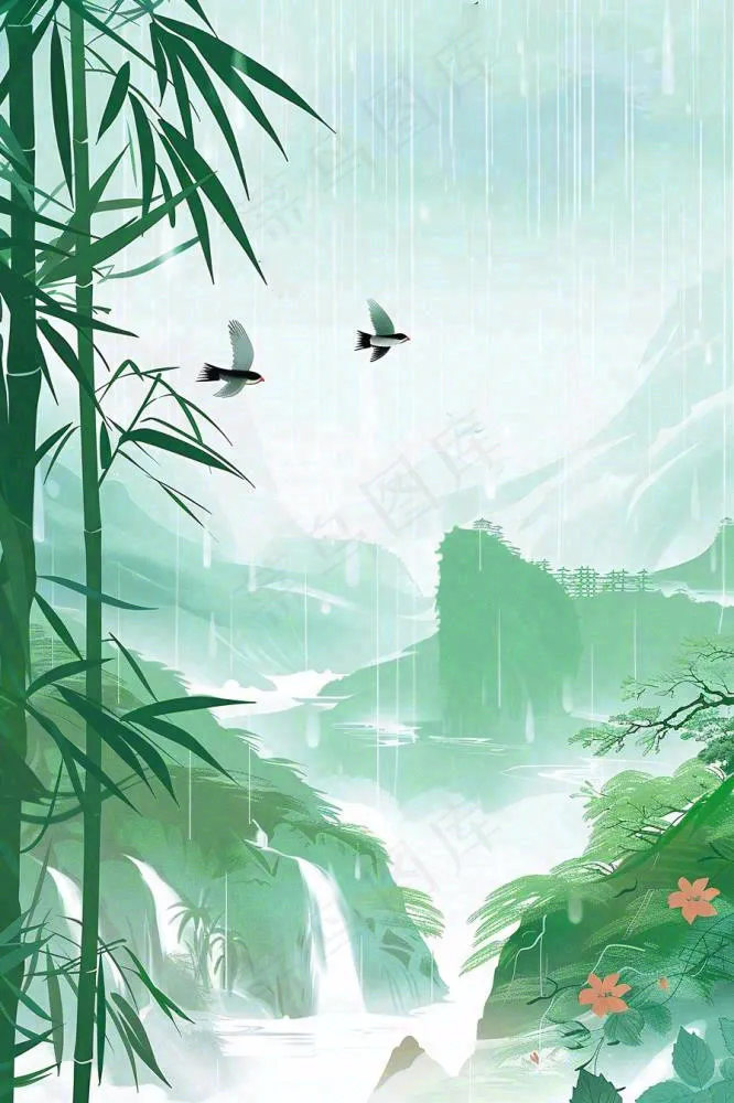 国风山水竹林磅礴山河瀑布大雁雨滴清明端午水墨插画背景(896x1344)