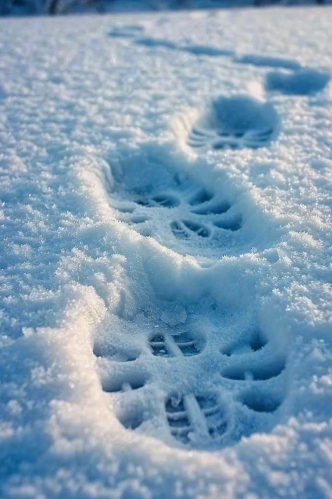 冬天雪地里的脚印蓝白色小雪大雪摄影图(896x1344)