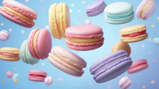 彩色马卡龙甜点漂浮空中摄影图