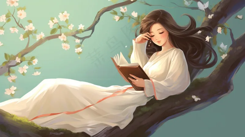 春天梨花树上读书的少女卡通插画背景(4368x2448)