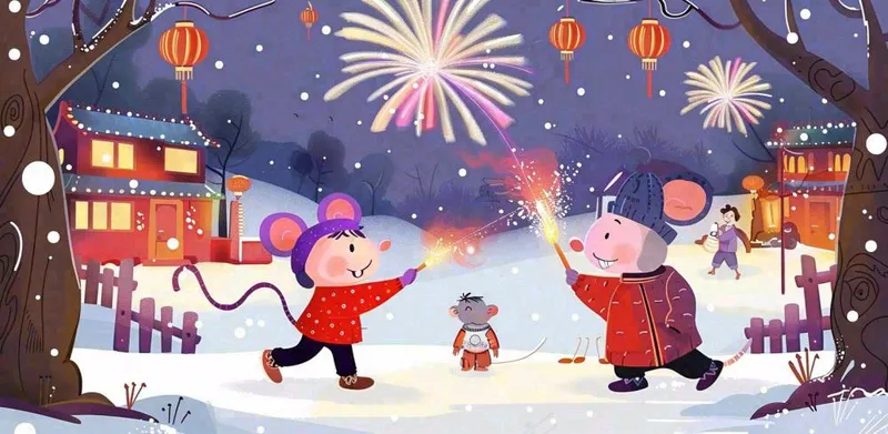 鼠年新年雪地放烟花的老鼠新年春节氛围热闹卡通插画背景(1568x768)