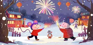 鼠年新年雪地放烟花的老鼠新年春节氛围热闹卡通插画背景