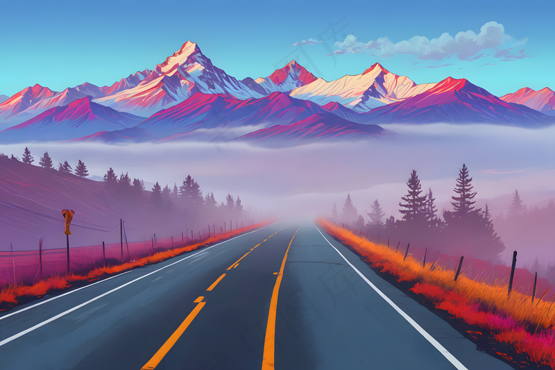 晴朗日子里雾笼罩着通山道路图片