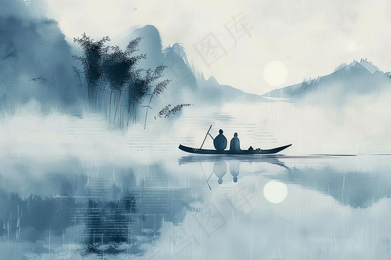 水墨山水画小船河面山川连绵国画插画背景