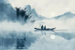 水墨山水画小船河面山川连绵国画插画背景