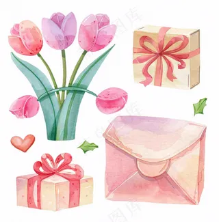 礼物礼盒鲜花郁金香信封水彩画插画免抠