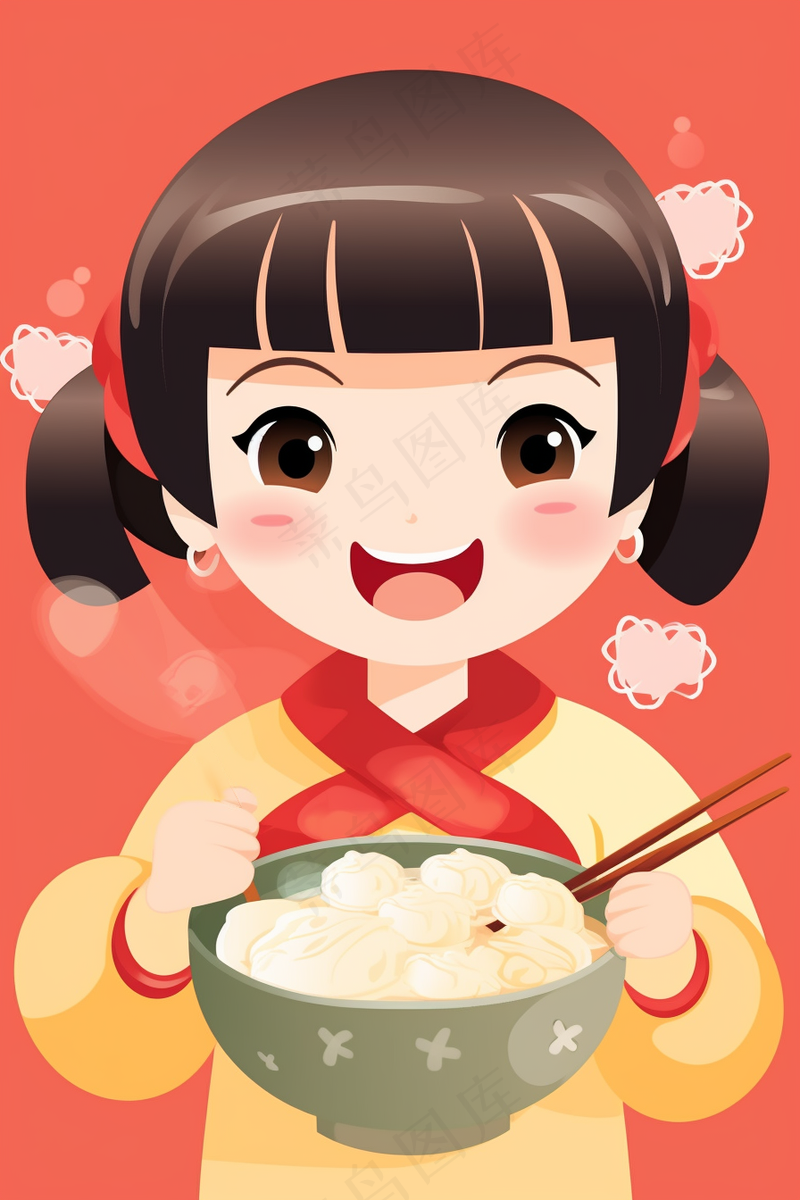元宵吃汤圆小女孩红色卡通插画插图背景(2688x4032)