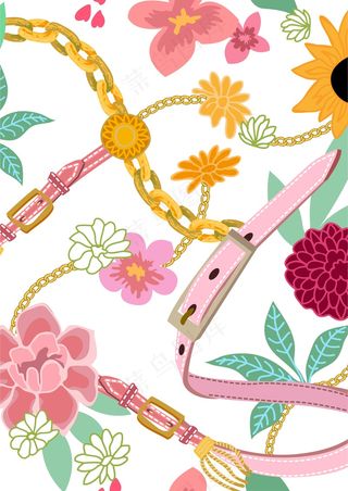 锁链条 粉色皮带 花卉图案