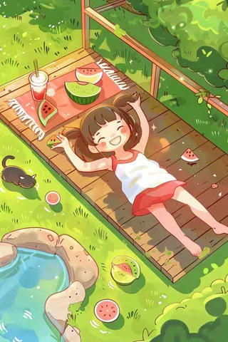 夏季乘凉吃西瓜场景女孩躺着庭院大暑小暑插画炎热插画背后